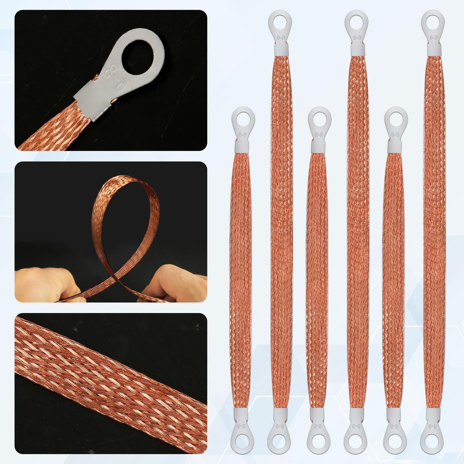 6PCS Universal Flat Braided Copper Ground Strap,Professional Vehicle Grounding Cable Straps with Terminals Plugs,Tinplate Silver Color Automotive Engine Copper Ground Strap for Most Cars (Copper)