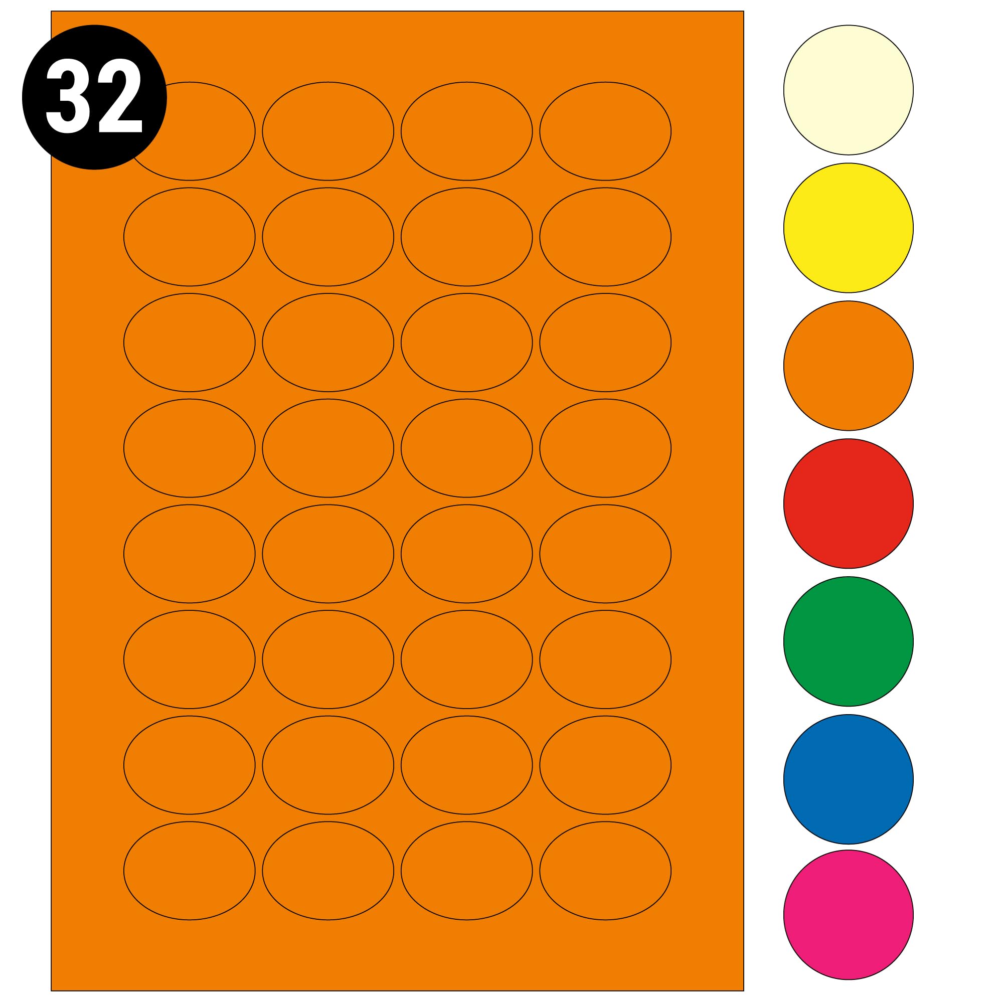 L&B Colour Range - Oval Labels – 3 Sizes & 7 Vibrant Colors – A4 Sheet – Compatible with Laser & Inkjet Printers (Orange, 32 Labels Per Sheet - 250 Sheets)