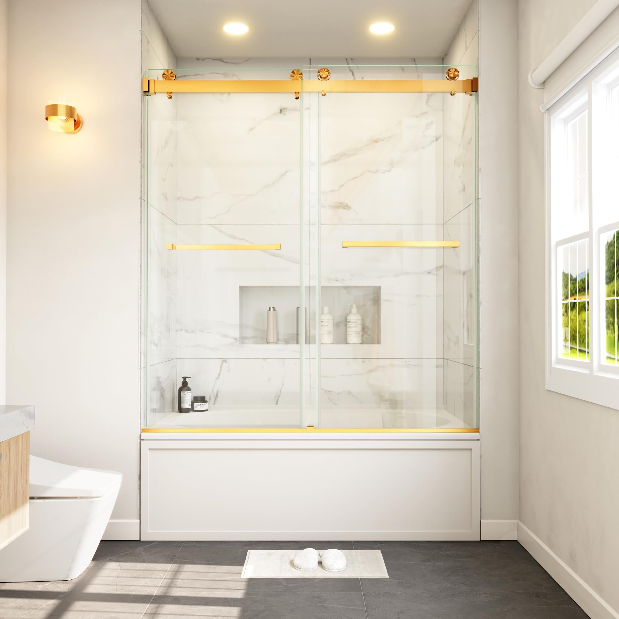 Puerta de bañera sin marco de 56-60 pulgadas de ancho x 66 pulgadas de alto, puertas corredizas dobles de 3/8 pulgadas de alto, vidrio templado SGCC transparente, mango de barra de toalla, oro
