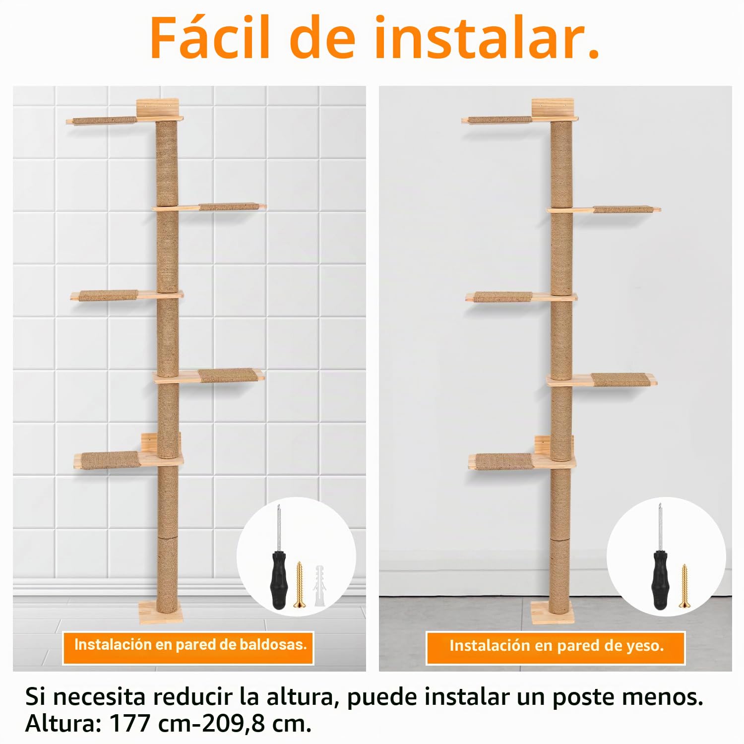 Rascador Grande de 205 cm, Pared de Escalar para Gatos, Ajustable en Altura, Torre para Gatos de 5 Niveles, árbol de Gatos montado en la Pared para Que los Gatos escalen y rasquen