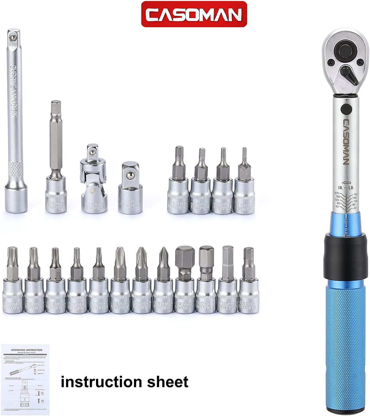 CASOMAN 1/4-inch Drive Click Torque Wrench Set, Dual-Direction Adjustable, 72-Tooth, Torque Wrench with Buckle (20-200IN.LB/ 2.26-22.6Nm)
