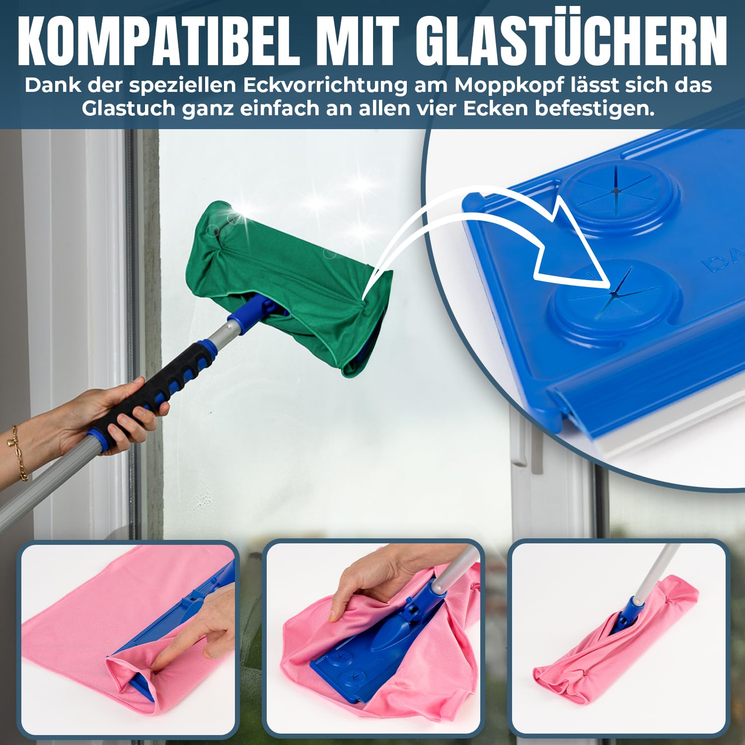 [Test SEHR GUT, Note 1.0*] Silva Ergonomischer Bodenwischer mit Teleskopstiel 90–156 cm | Mikrofaser Wischmopp Set mit 3 Bezügen (nass, trocken, Wand) | 360° Drehgelenk, für Fliesen, Parkett & Fenster