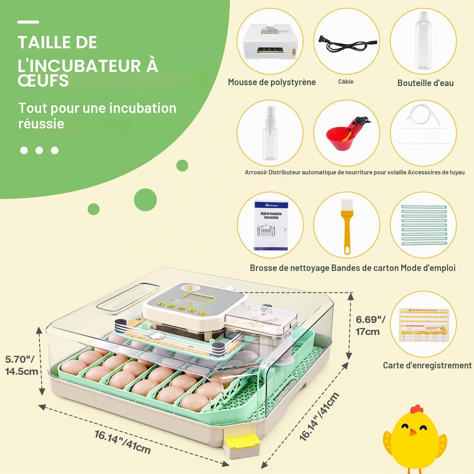 Sailnovo Couveuse pour 48 œufs entièrement automatique avec contrôle de la température et de l'humidité, rotation automatique - Incubateur d'œufs pour poulet, canard, caille - Pour la ferme, l'école