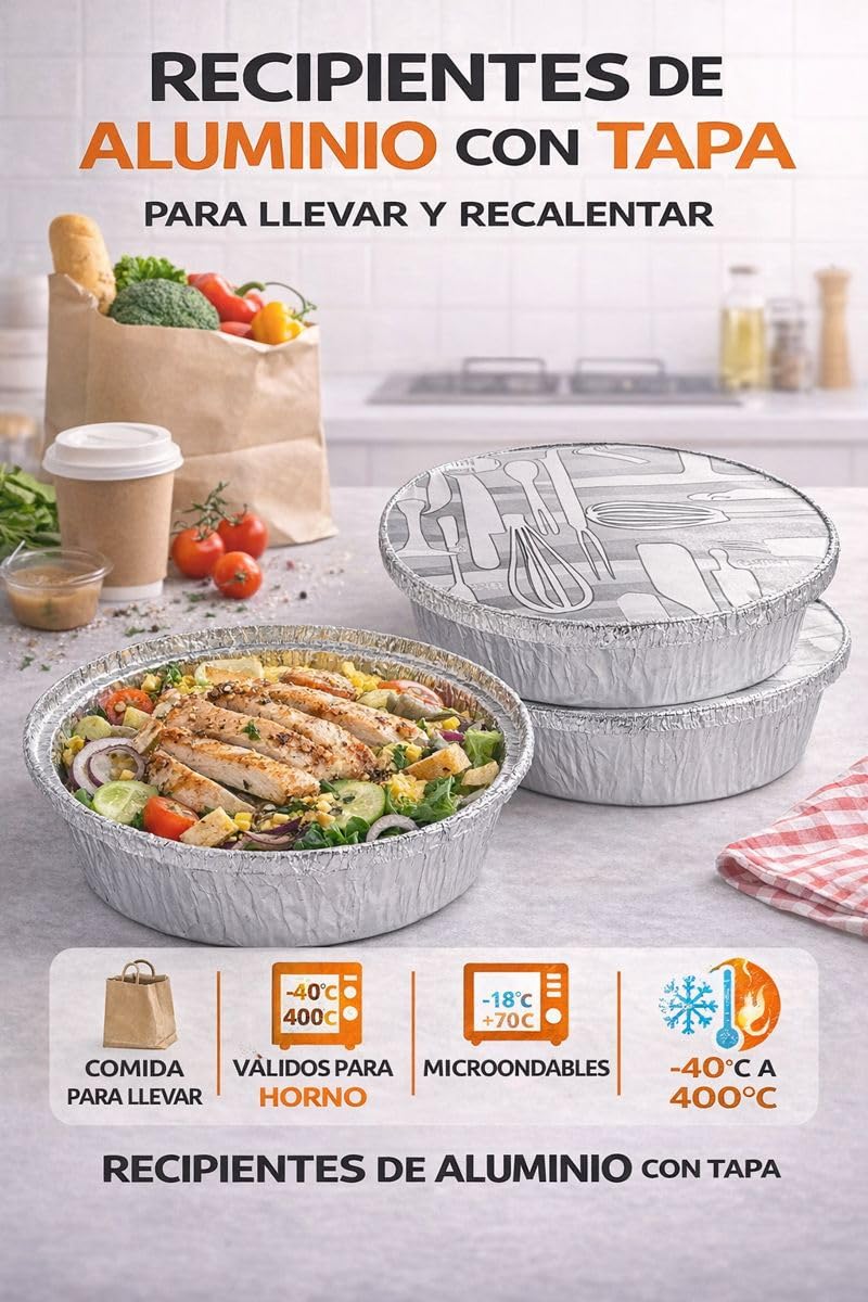 Envases de Aluminio Redondos Desechables para Comida Caliente, Recipiente para Pollo Asado y Hostelería, 100% Reciclable (Redondo 1420 cc)