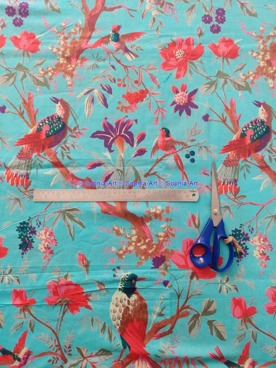Running Sewing Cotton Beautiful Cotton Floral Loose Natural Unique Boho Jaipuri Kurti Decorative Art Treditional Indian Sanganeri Vintage Ethnic Bird Print Fabric by Yards (Turquoise, 10 Yard)