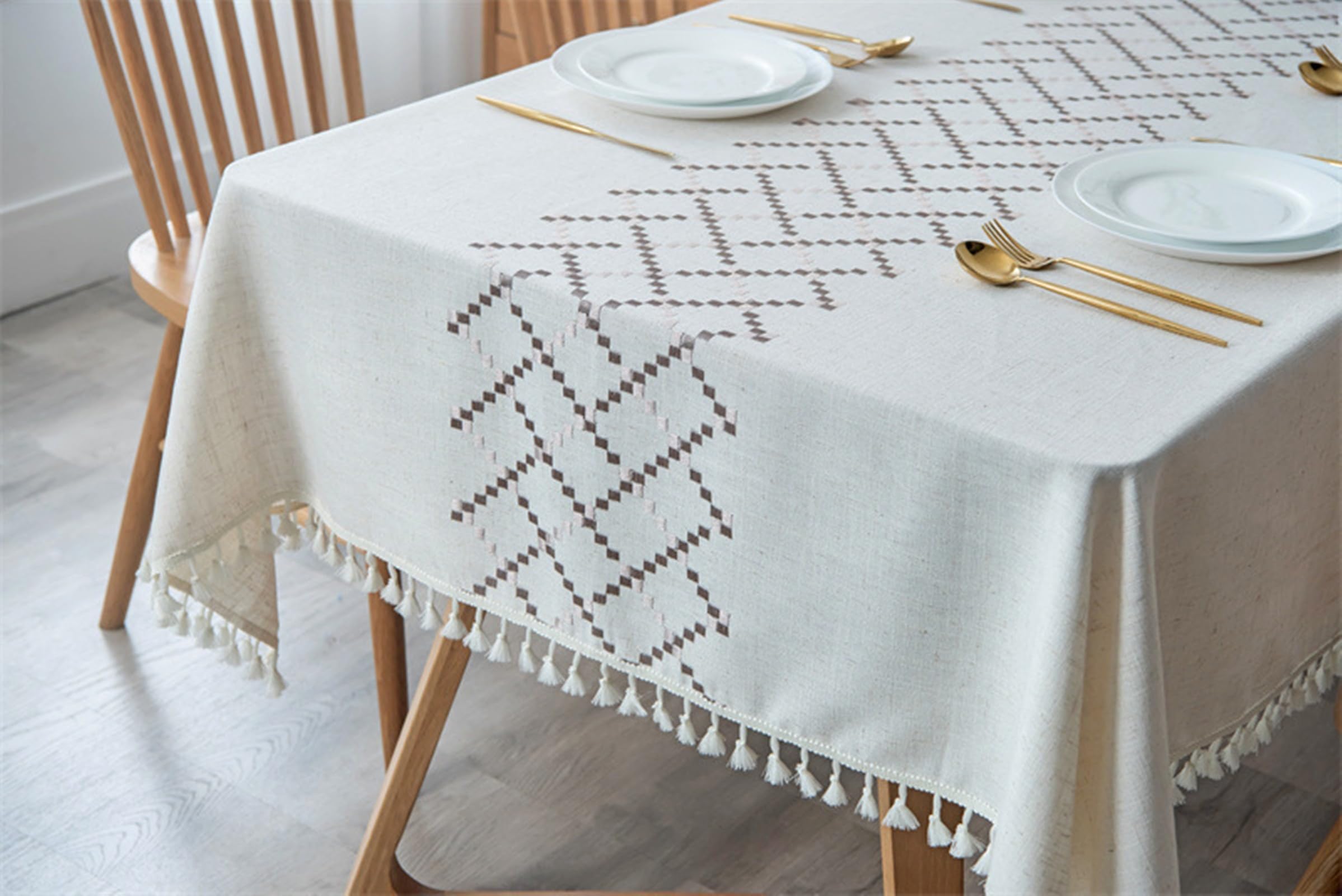 KnSam Mantel de 140 x 200 cm, rombo con borla, mantel de poliéster para exteriores, resistente a la intemperie, repele la suciedad, para salón, comedor, balcón, jardín, café beige