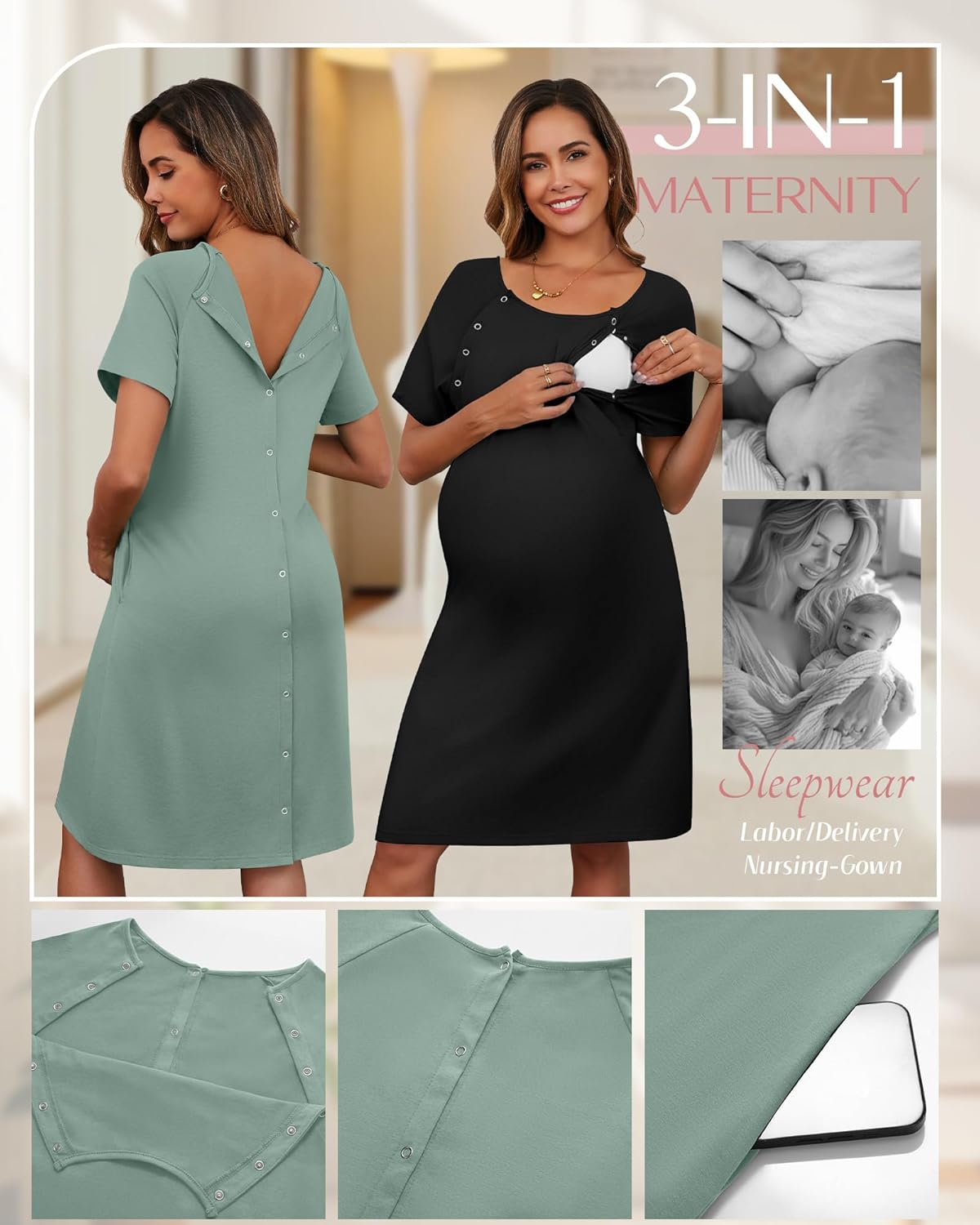 Huukeay 2 Pack Labor Delivery Nursing Hospital Gown Women's 35% Cotton Maternity Birthing Dress 3 In1 Breastfeeding Pajamas - Image 5