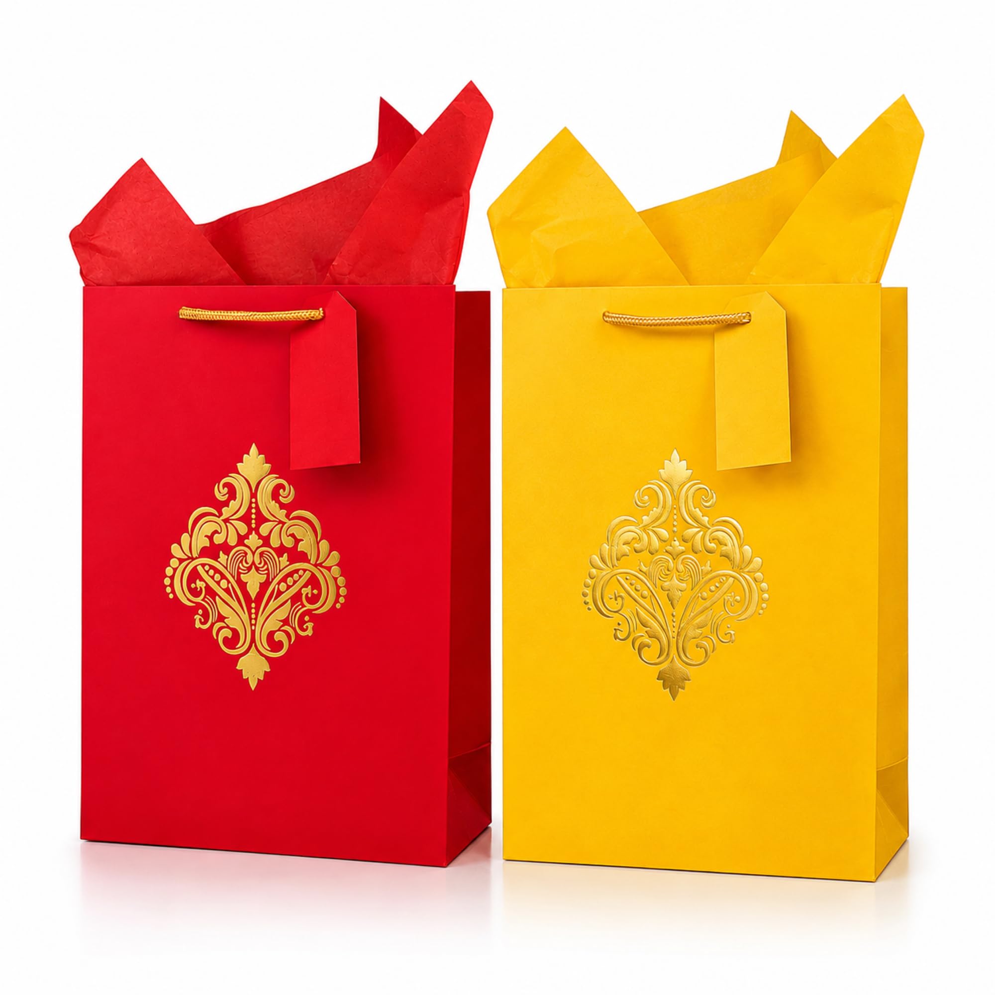 Flora Paperbags - Gift Bags with Handles | Medium 30x23x9 cm | Pack of 10 | Tissue Paper & Tags Included | Red Yellow | Gift Bags for Rakhi, Diwali, Wedding & Corporate Gifting