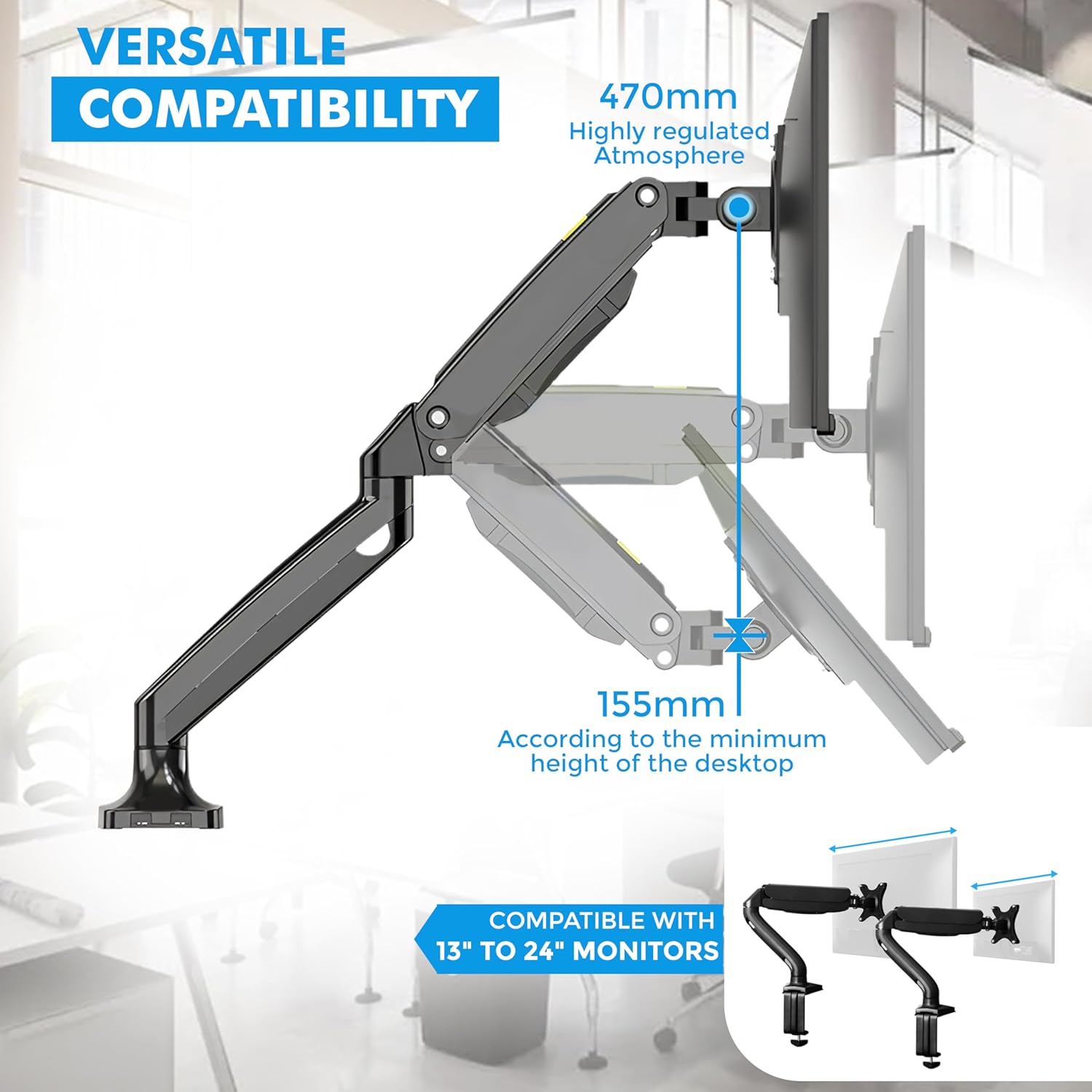 Monitor Arm, from 13 to 34 Inch Monitors, Fits Upto 22 lbs Screens with Adjustable Gas Spring Arm, Full Motion Monitor Mount for LCD Computer