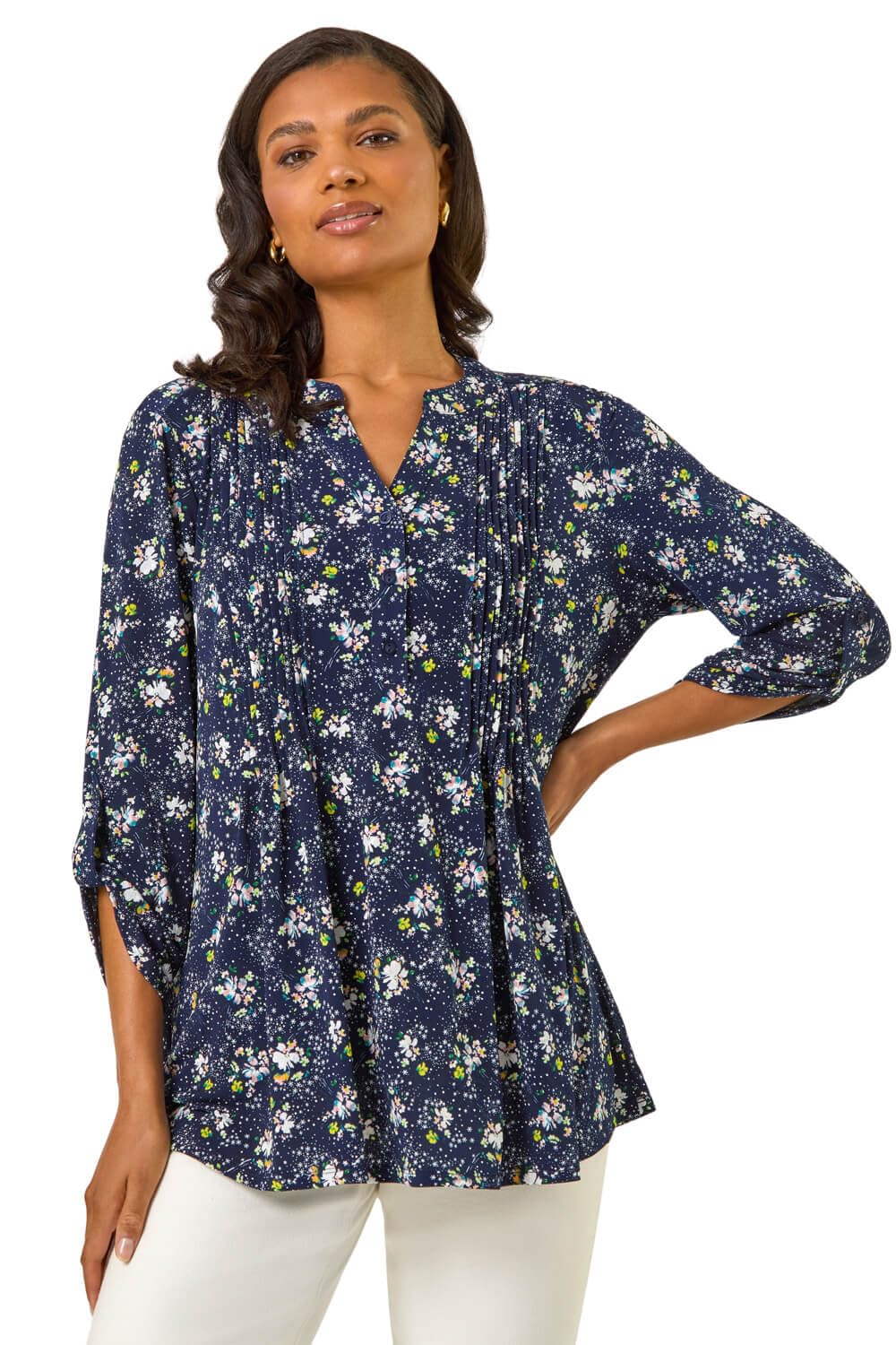 Roman Women's Navy Ditsy Floral Print Stretch Shirt Size 12