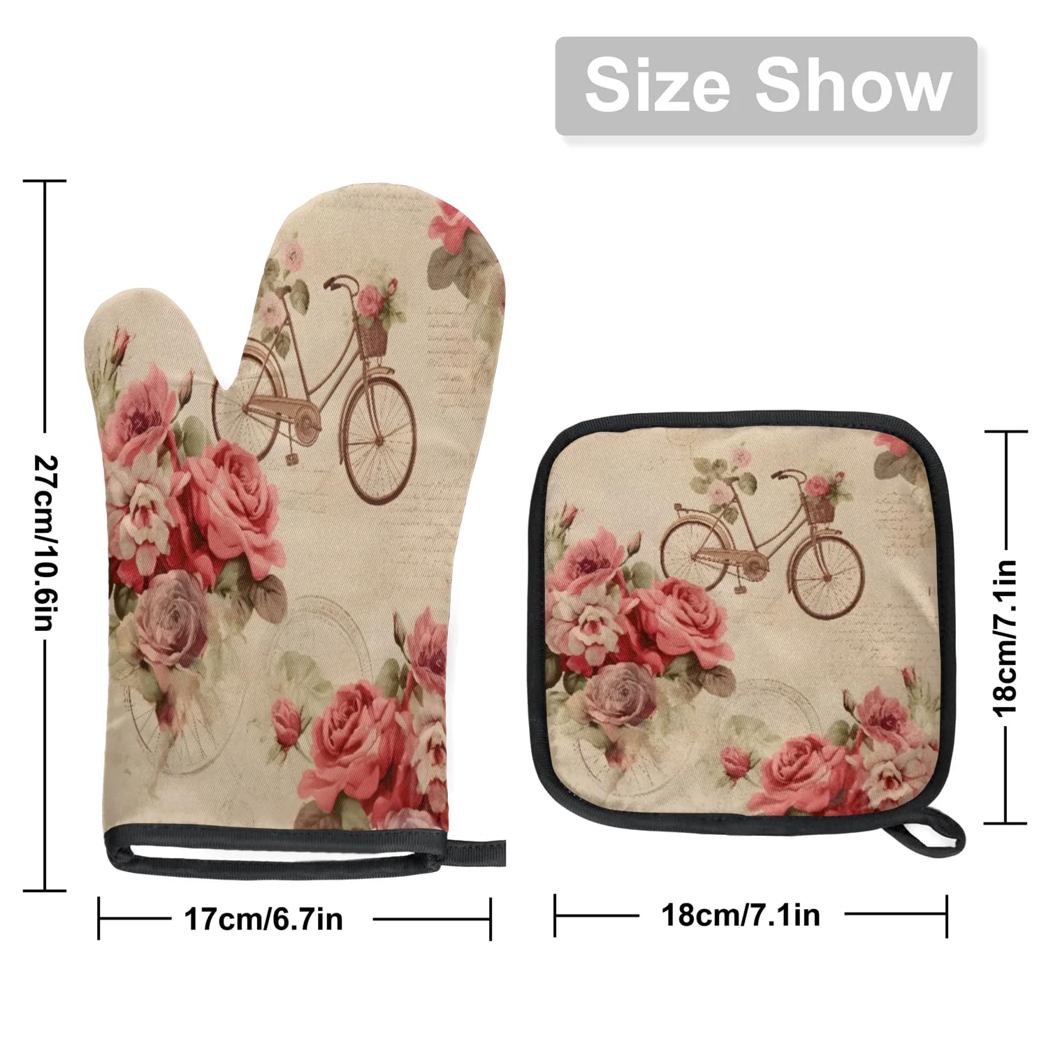 Bike Rose Poster Oven Mitts Kitchen Oven Gloves for Cooking Baking Heat Proof Lining Cotton Kitchen Potholder Mittens Pot Holders Hot Pads for Chef Women Men