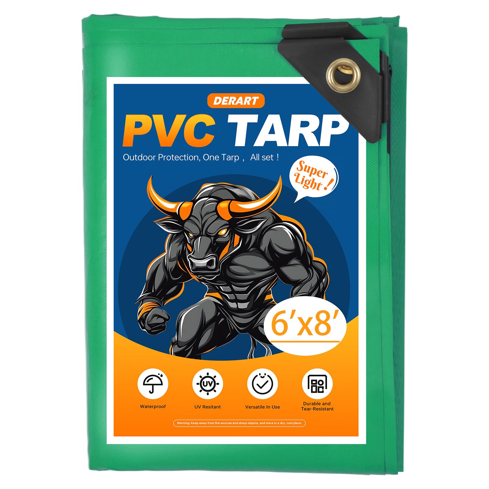 DERART 10.6 Mil Lightweight Heavy Duty PVC Tarp - Waterproof, UV Resistant & Tear Proof - with Reinforced Grommets - for Truck, Boat, Camping, RV (Green, 6‘x8’)