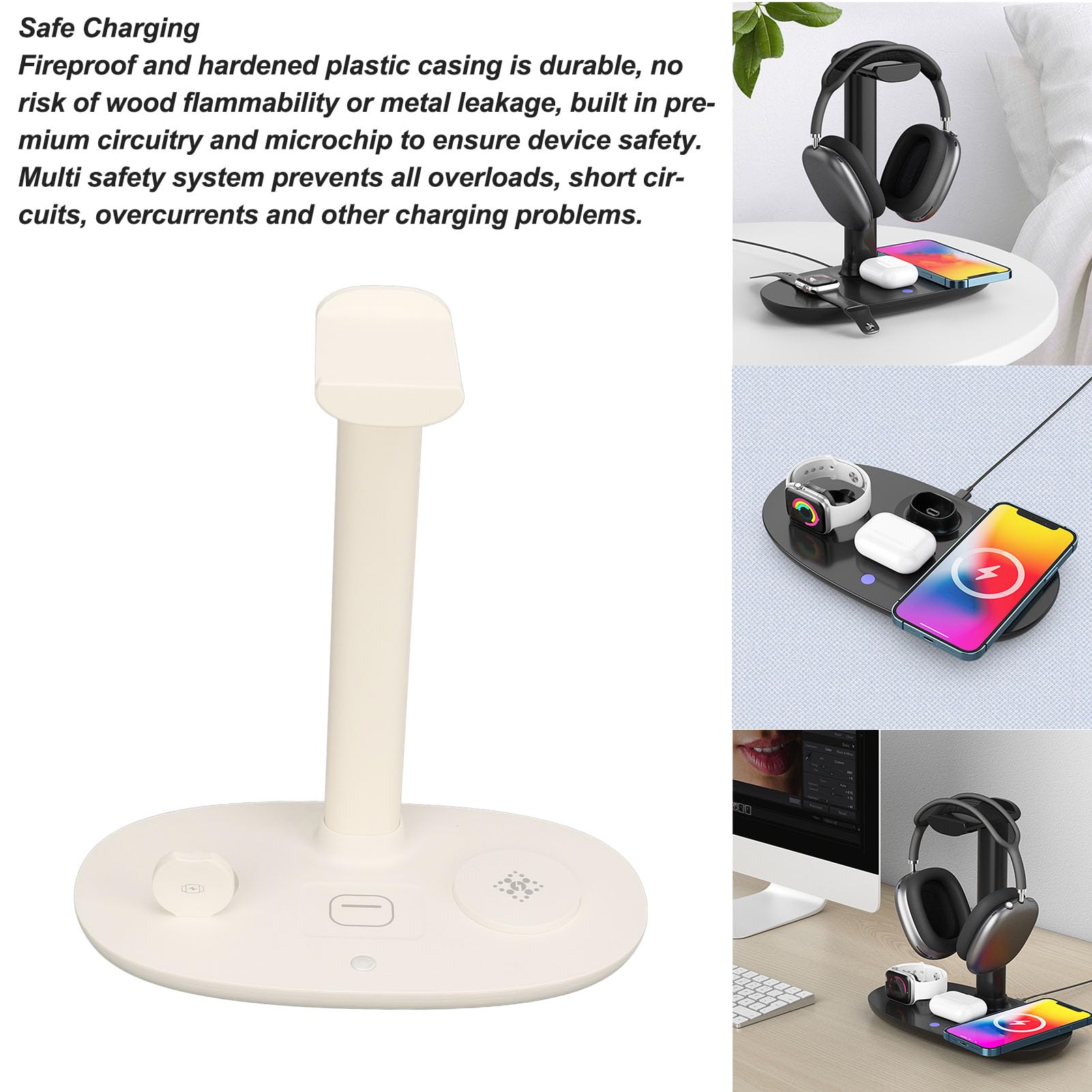 Soporte para Auriculares, Cargador Inalámbrico de 15 W Que Ahorra Espacio, Estación de Carga Segura para Auriculares, Disipación de Calor Desmontable 4 en 1 para Teléfonos Móviles (Blanca)
