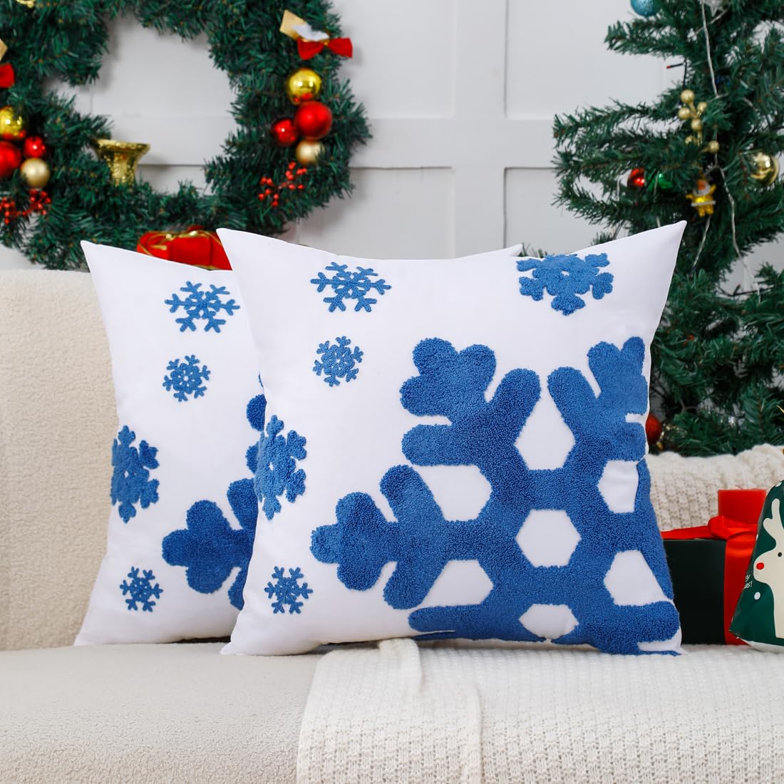 VAKADO Christmas Throw Pillow Covers 18x18 Set of 2 Embroidered Snowflake Decorative Xmas Cushion Cases Holiday Soft Home Decor for Bedroom Sofa Chair