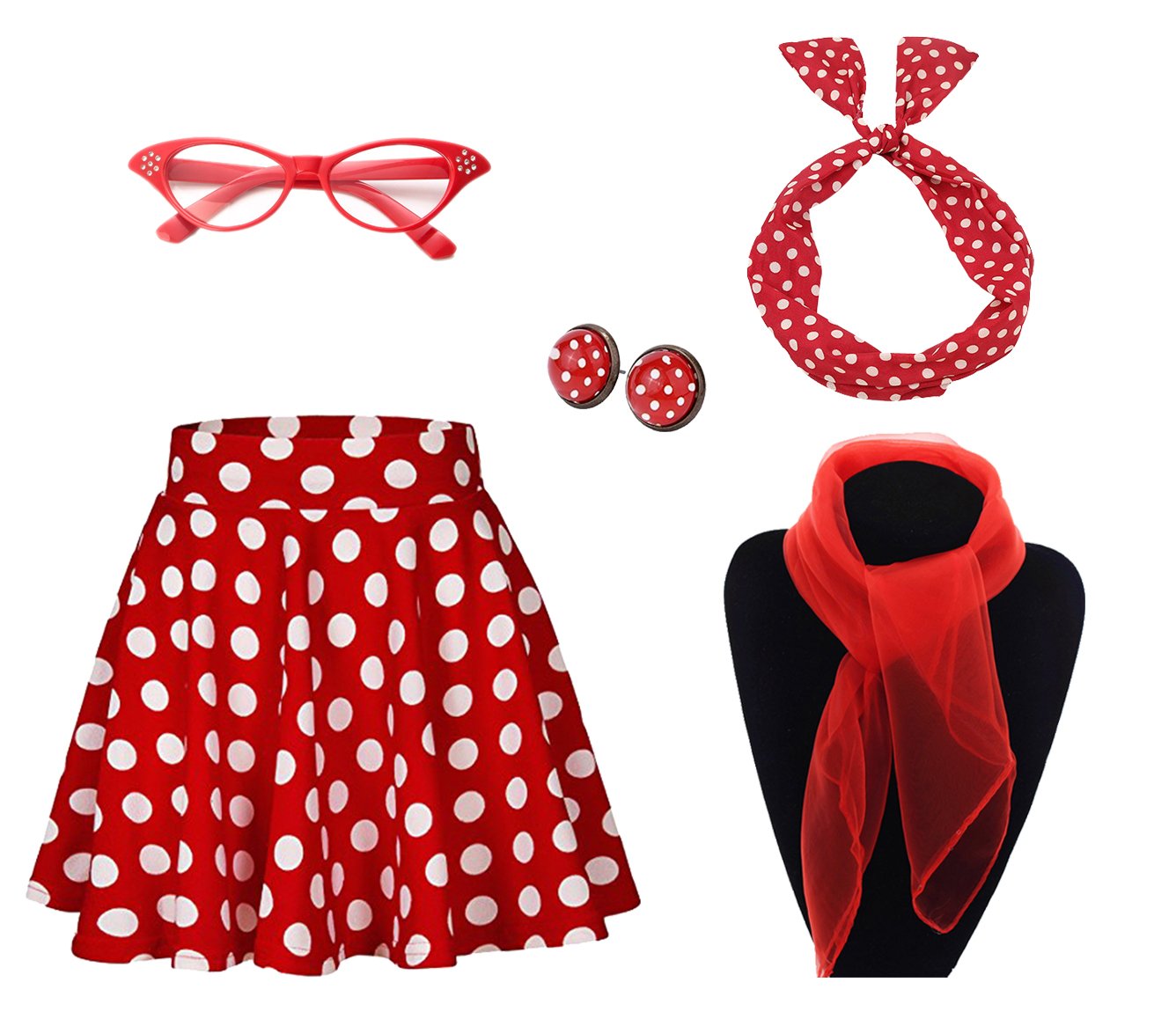 50's Costume Accessories Set Girl Vintage Dot Skirt Scarf Headband Earrings Cat Eye Glasses for Party