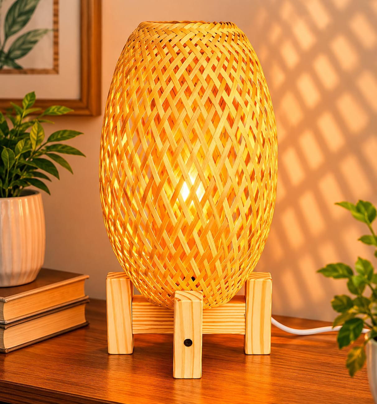 ROYAL 11 ART & CRAFT Handmade Bamboo Table Lamp for Bedroom & Living Room | Natural Cane Decorative Bedside Night Lamp with Wooden Stand & LED Bulb | Boho Home Decor Light (38 x 20 cm)