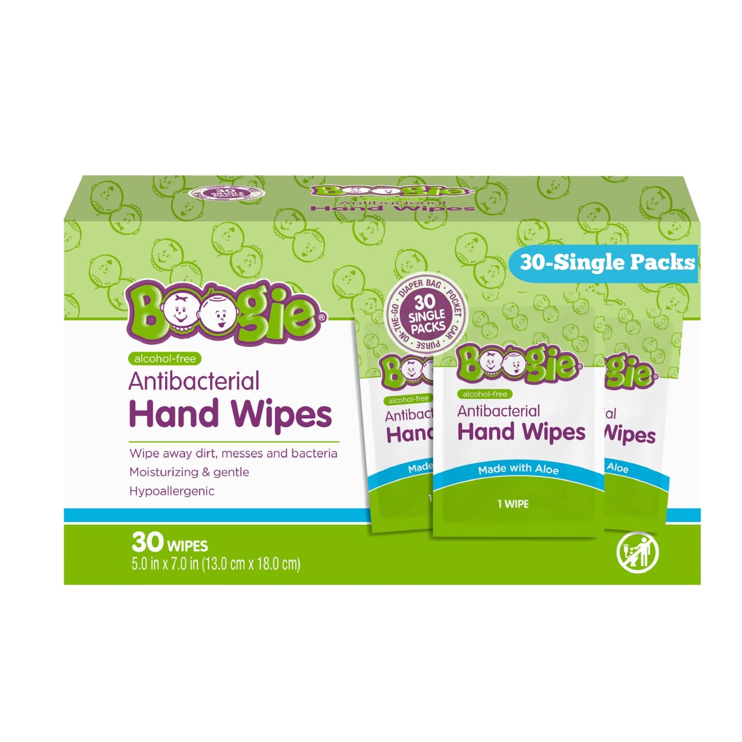 Boogie Antibacterial Hand Wipes Alcohol Free Hypoallergenic and Moisturizing Aloe For Kids and Adults - 30 Wipes Pack