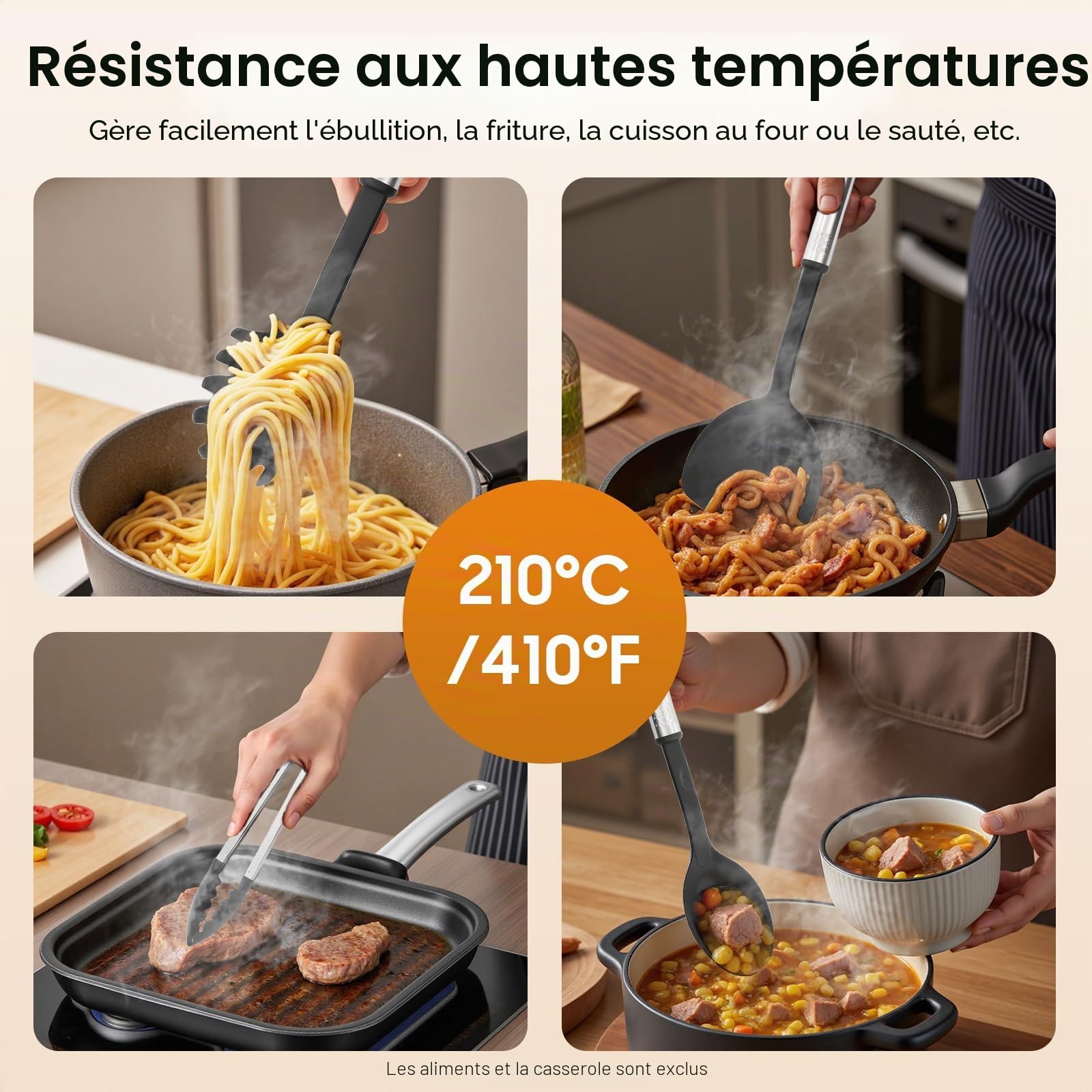 Lot de 40 ustensiles de cuisine en acier inoxydable et nylon - Avec support - Cuillère avec cuillère - Tongs - Fouet à neige - Ouvre-boîte, etc