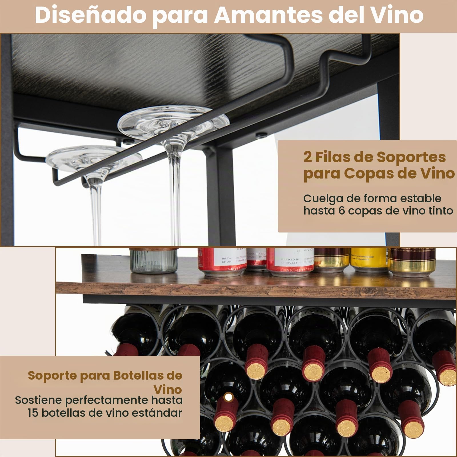 KOMFOTTEU Armario Bar de Vino de 3 Niveles, Botellero con con 2 Puertos USB y 2 Enchufes, Estantería de Almacenamiento para 15 Botellas con Portavasos, para Cocina, Salón, 113 x 35 x 85 cm (Marrón)
