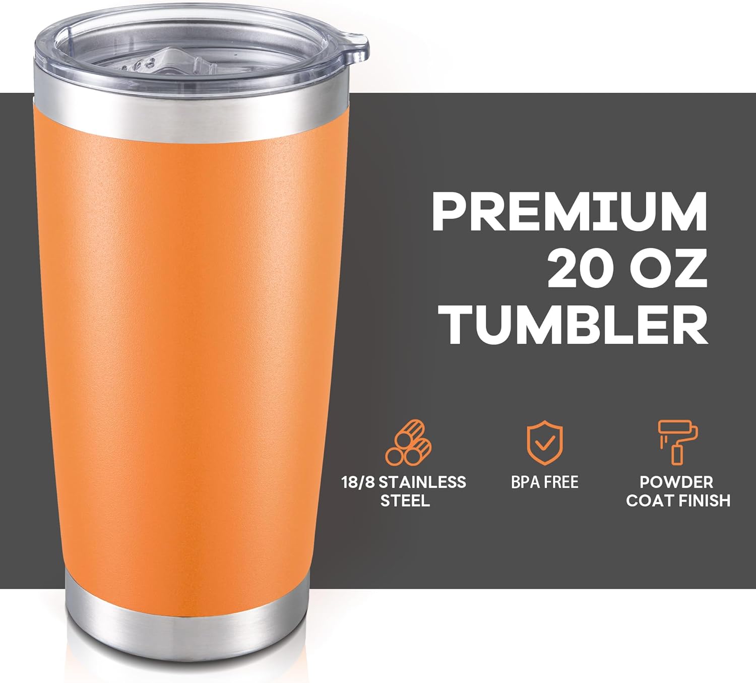 20 oz Tumbler with Lid Stainless Steel Insulated Tumblers Bulk Double Wall Vacuum Cups Powder Coated Travel Mug Keep Drink Cold and Hot, Orange, 8 Pack - Image 2