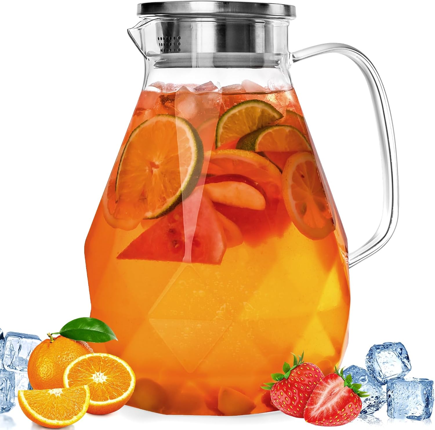 Glass Pitcher with Lid,1 Gallon Glass Water Pitcher Hot/Cold Water Jug, Juice and Iced Tea Beverage Carafe with Lid (Extra-Wide Mouth) 64oz