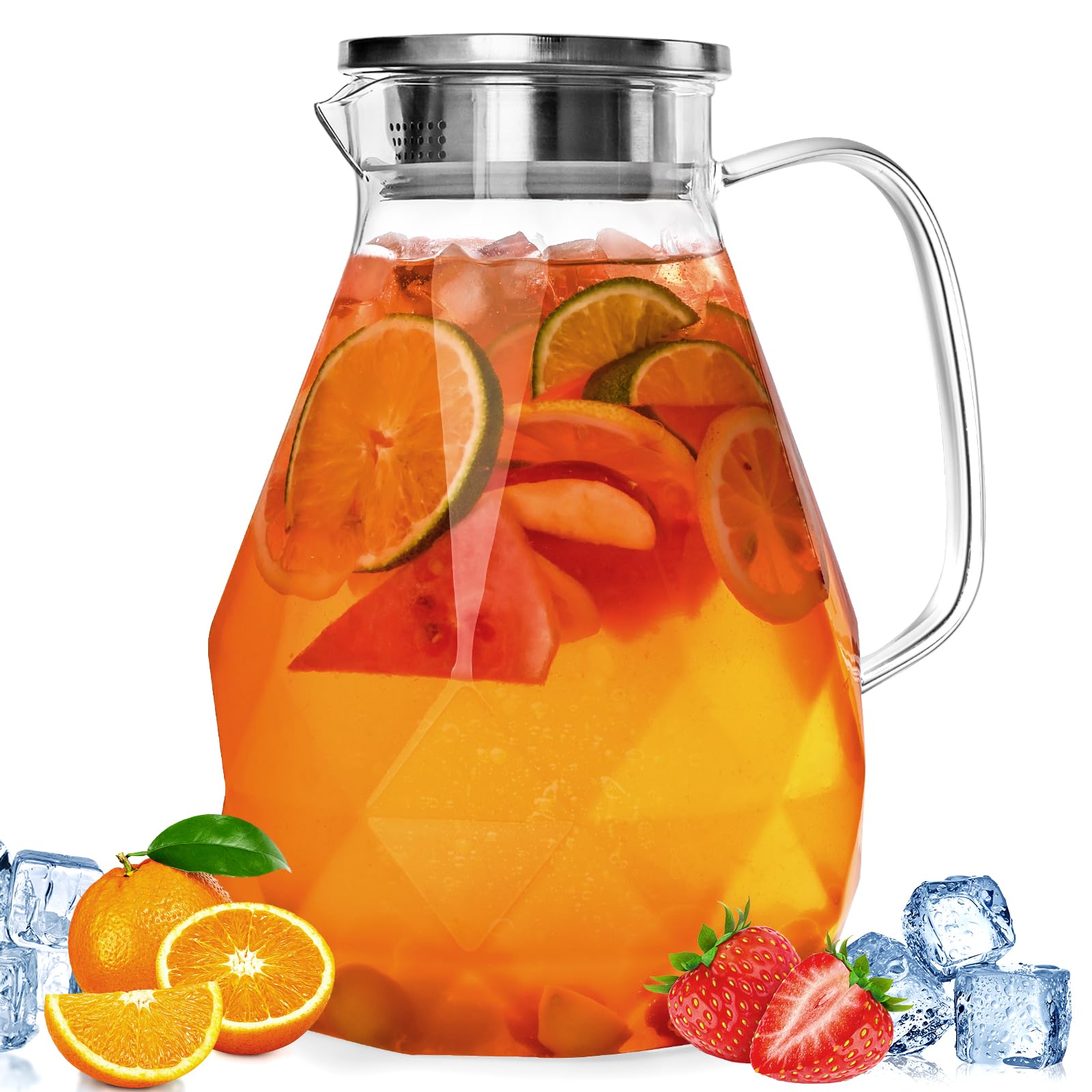 Glass Pitcher with Lid,1 Gallon Glass Water Pitcher Hot/Cold Water Jug, Juice and Iced Tea Beverage Carafe with Lid (Extra-Wide Mouth)