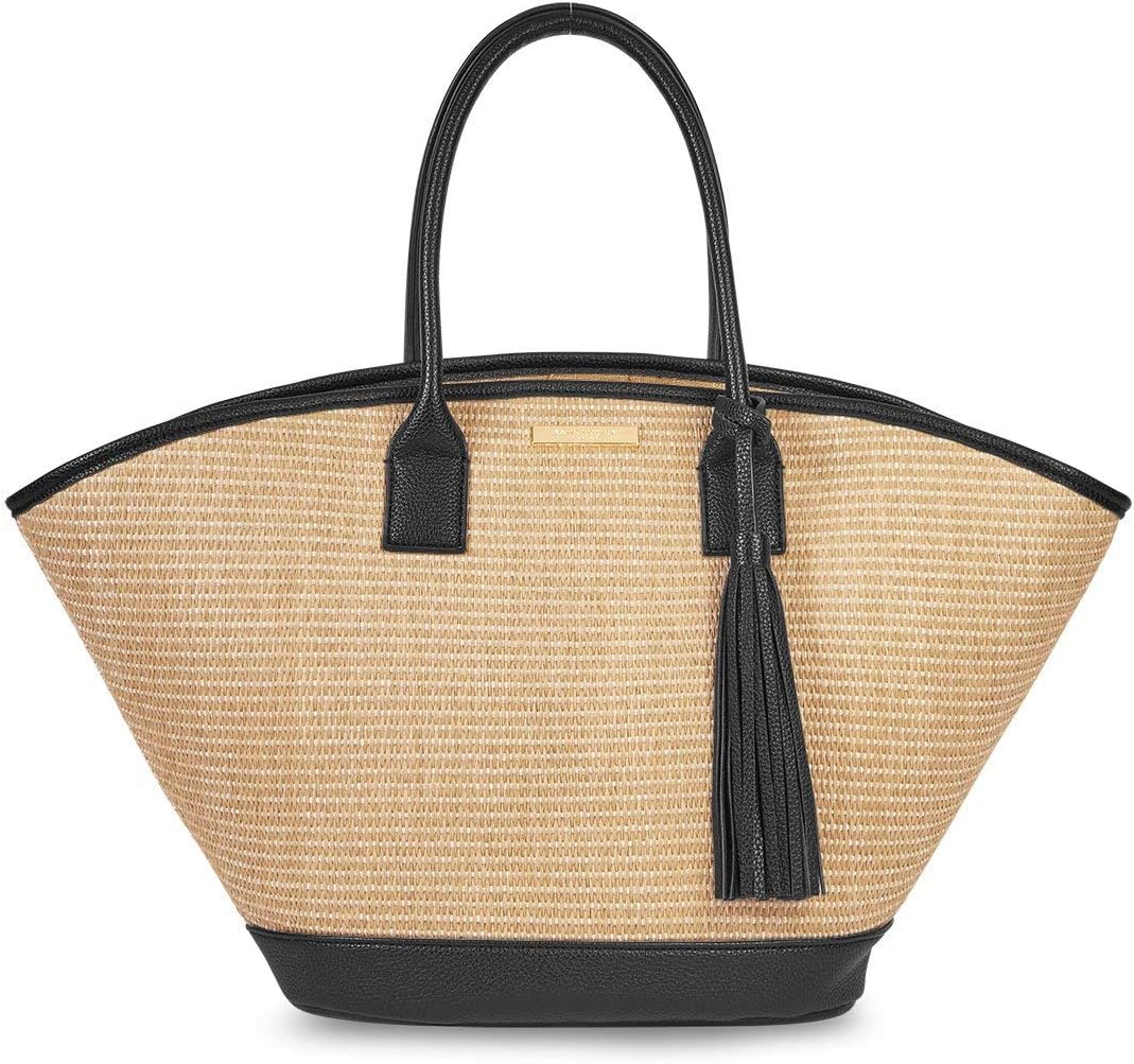 KATIE LOXTON Maya Tassel Womens Large Woven Straw Top Handle Tote Beach Bag Black
