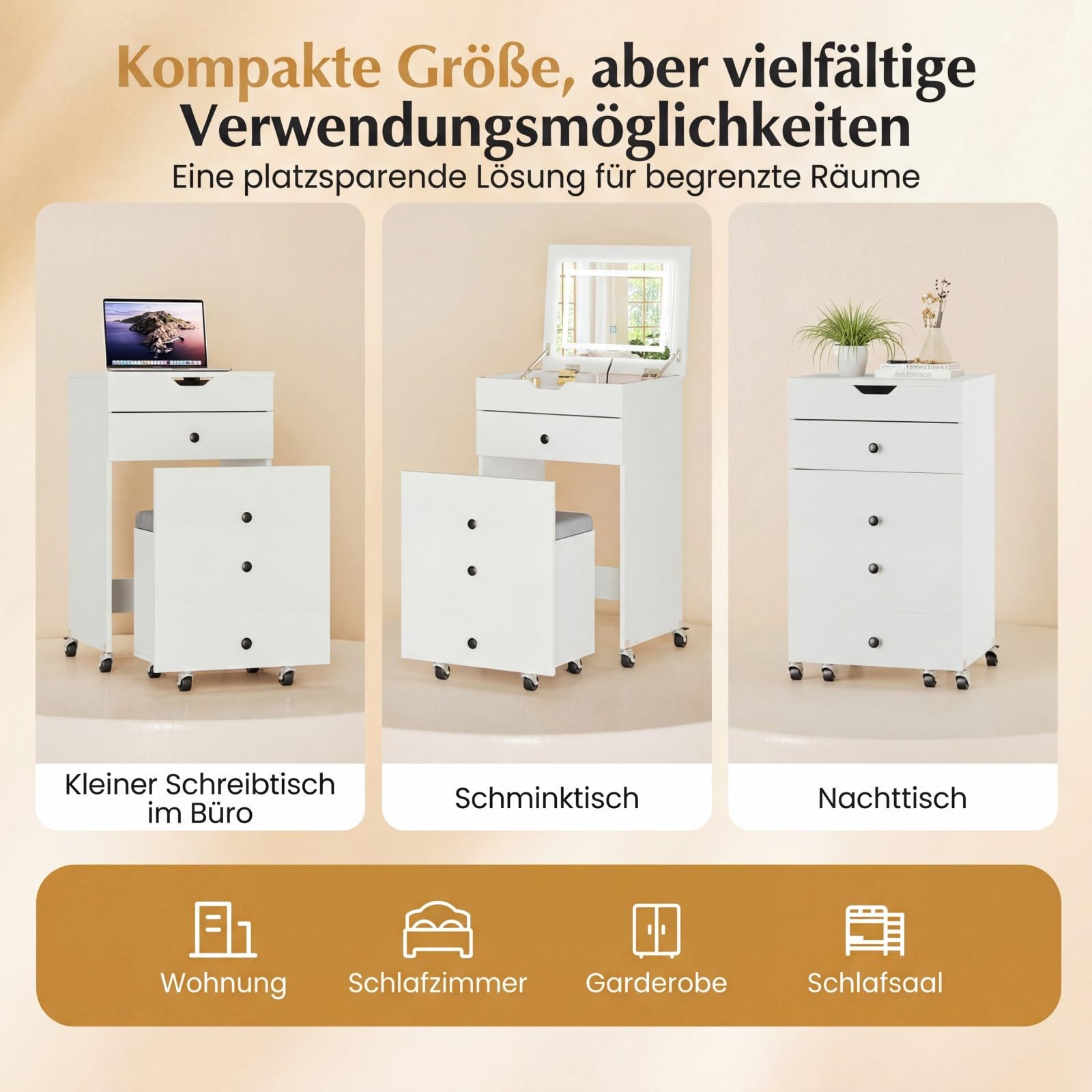 COSTWAY 3 in 1 kleines Schminktisch Set auf Rollen, Kosmetiktisch mit Klappspiegel, Beleuchtung, Schubladen & gepolstertem Hocker, kompakte Schminkkommode Set für kleine Räume, Weiß