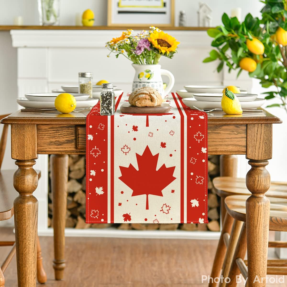 Artoid Mode Canada Day Table Runner - Beige With Red Maple Leaves, 13x72 Inch, Polyester Decor For Kitchen & Holiday Parties - View #4
