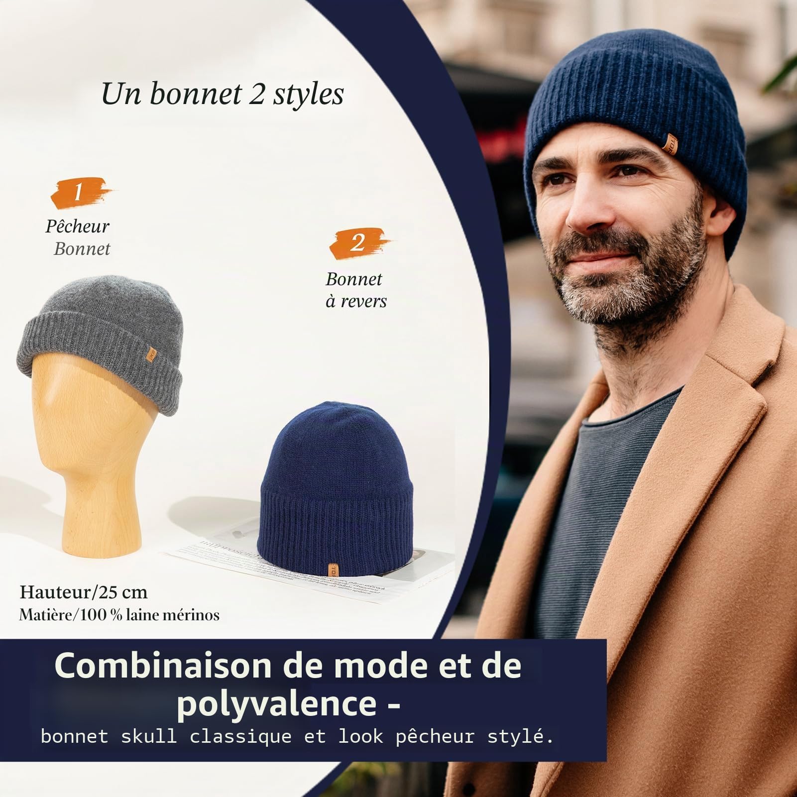 TOP-EX XL/XXL 100 % laine mérinos, bonnet d'hiver en laine pour homme et femme, bonnet en tricot, bonnet de pêcheur, bonnet de trawler, doublure polaire chaude