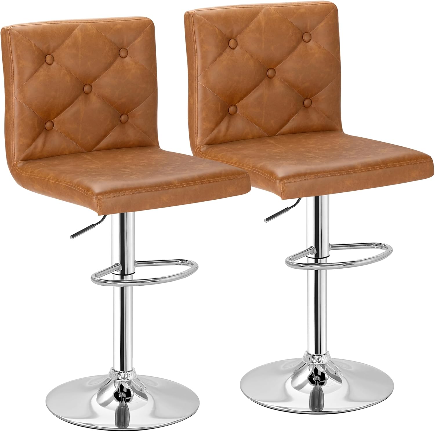 VECELO Bar Stools Set of 4, Modern Brown PU Leather Adjustable Bar Stools with Back, 360 Swivel, 17.3" D x 16.5" W x 45" H, 330 lbs Capacity