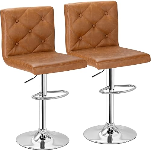 VECELO Bar Stools Set of 2, Modern PU Leather Adjustable Bar Stools with Back, 360° Swivel Bar Height Stools for Kitchen Counter Island, X-Large Size, 17.3" D x 16.5" W x 45" H, Brown
