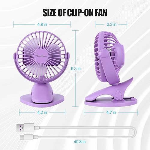 Miniatura 7 de Ventilador de clip portátil que funciona con pilas, mini ventilador de mesa recargable por USB de 3 velocidades con fuerte flujo de aire, rotación