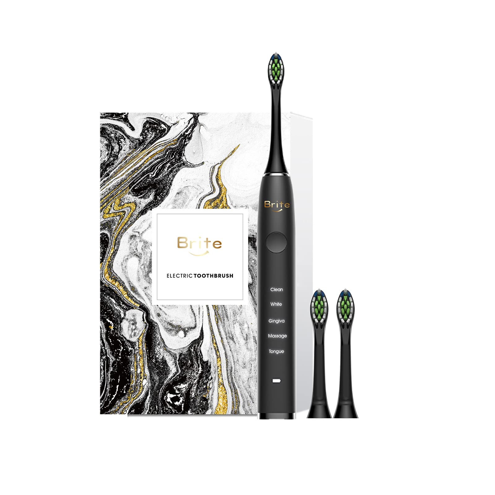 Brite Electric Toothbrush, Power Sonic Whitening Toothbrush for Adult, 5 Modes 2 Brush Heads, Sonic Technology Rechargeable 15hours Charge Lasts 100 days, RS-1 (Black)