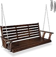 MegaCasa 3-Seater Wooden Porch Swing Extra Large, Ergonomic Curved Seat, 880 lbs Heavy Duty, Hanging Chains & Springs, Dark Brown for Patio Yard
