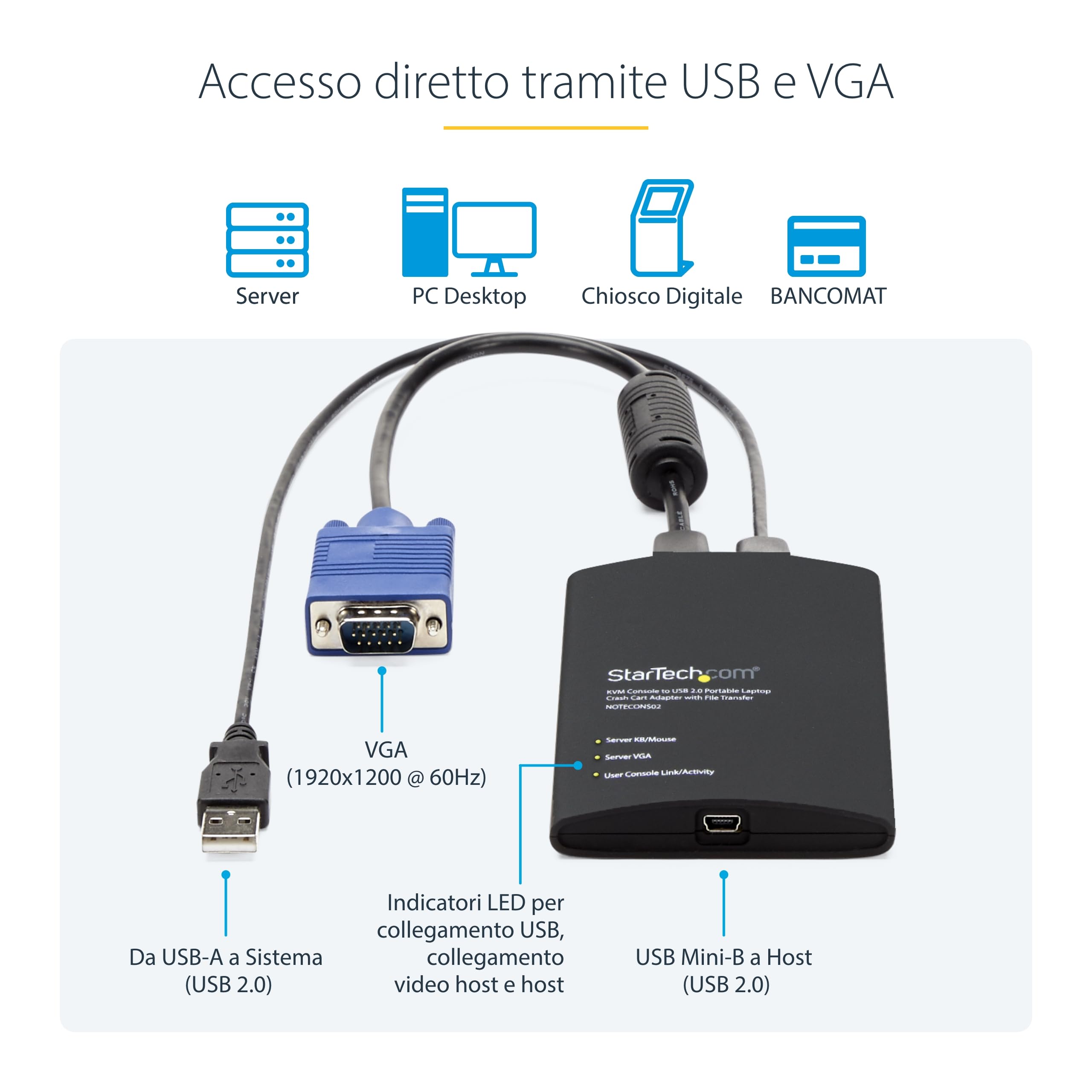 StarTech Adattatore Crash Cart Portatile, Console KVM USB/VGA (NOTECONS02) | Trasferimento file integrato, Ideale per laptop, Console portatile USB 2.0, Accesso diretto ai server