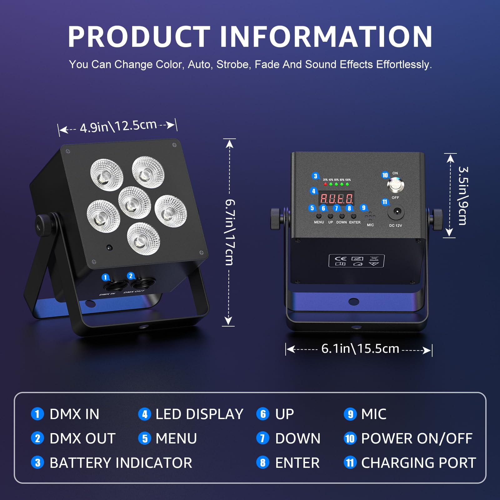 Foco par LED con batería de 50 W Luz de escenario RGBWAUV DMX512 6 en 1 con control remoto, iluminación ascendente con batería de 12 horas para DJ, fiesta disco, KTV, boda, cumpleaños