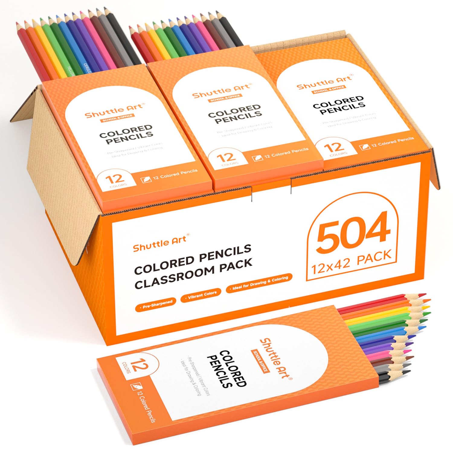 Shuttle Art 504 Colored Pencils Bulk, 12 Vibrant Colors, Pack of 42, Pre-sharpened Coloring Pencils, Wood Colored Pencil for Kids Teachers, Classroom Essentials, Back to School Supplies