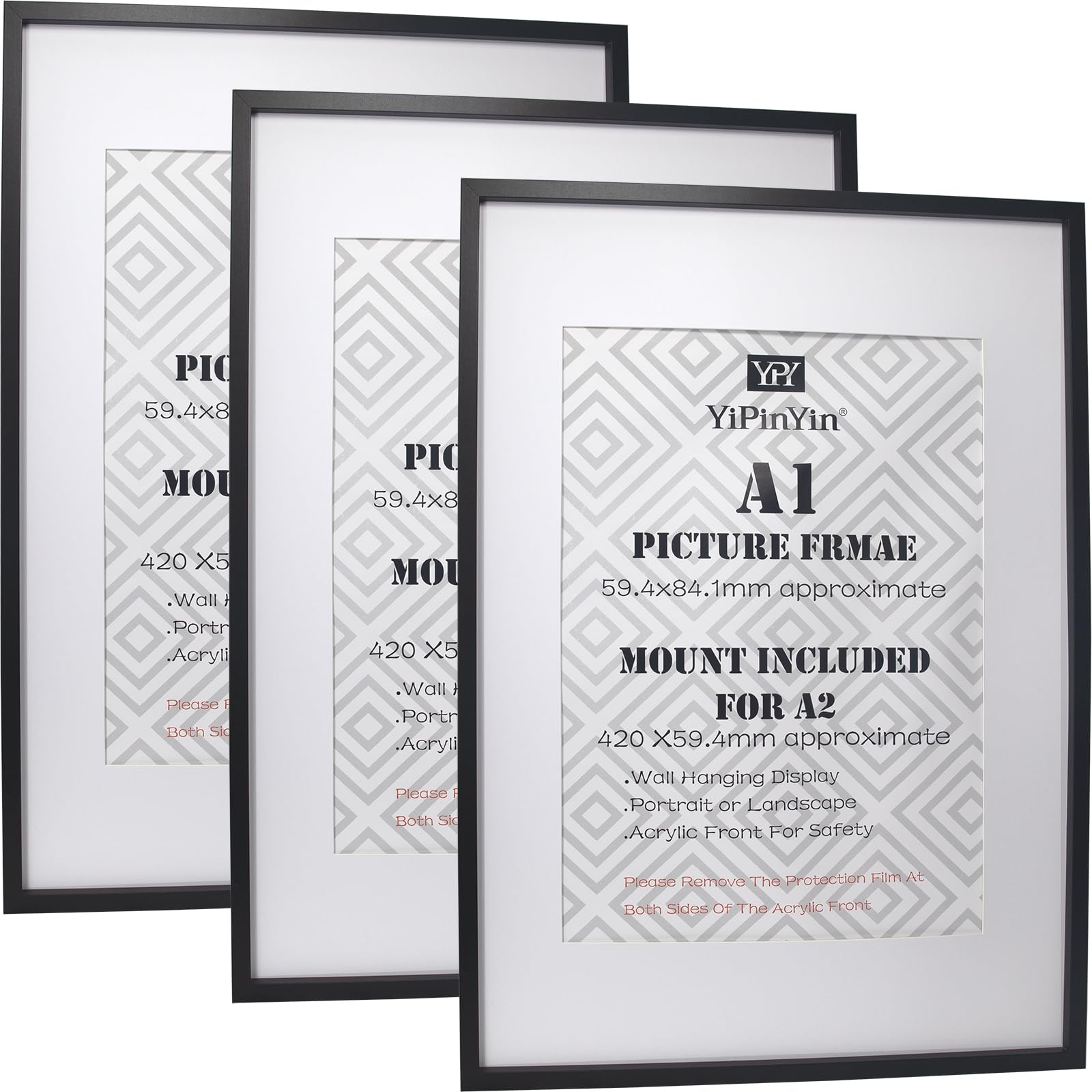 A1 Bilderrahmen, Schwarz, 3 Stück, mit Passepartout für A2 (41 x 58,4 cm), A2 Posterrahmen für Fotos, leichtes MDF, horizontale/vertikale Wandmontage, 3 Stück