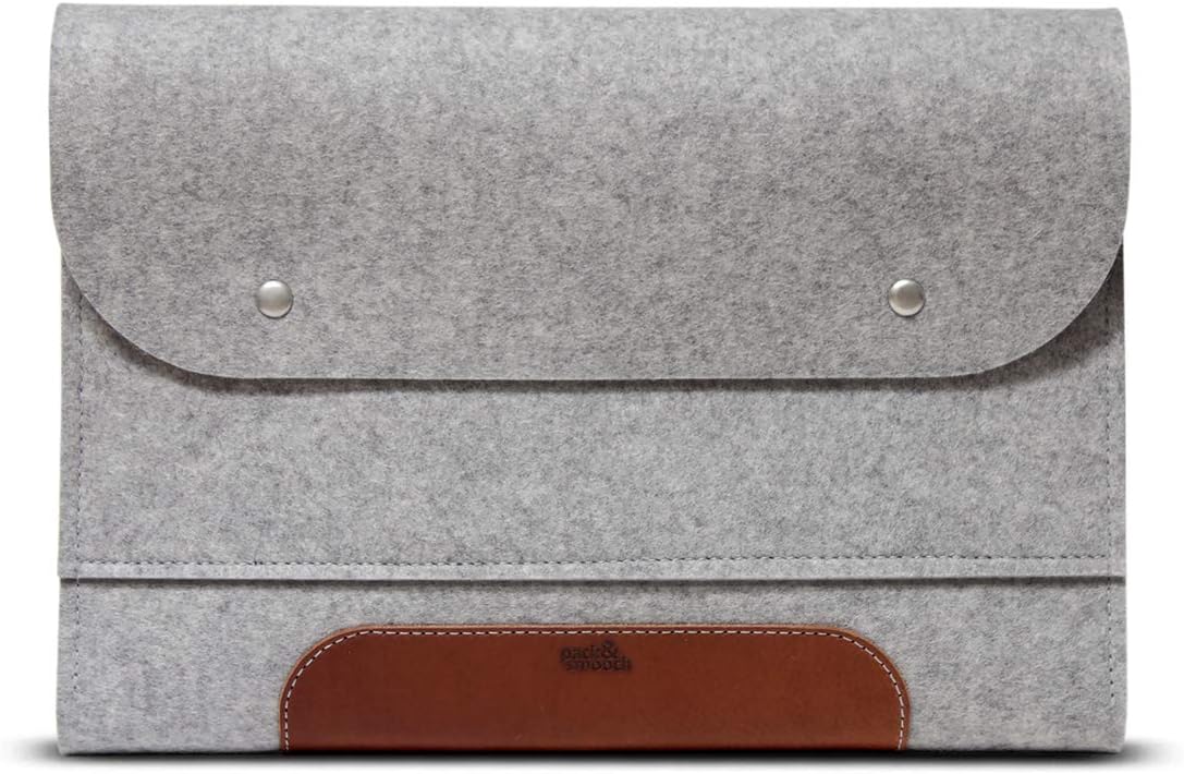 Pack & Smooch Corriedale L Laptop Sleeve | 100% Merino Wool Felt & Vegetable-Tanned Leather | Gray/Light Brown | Fits Laptops up to 16" (Designed for MacBook Pro/Air)