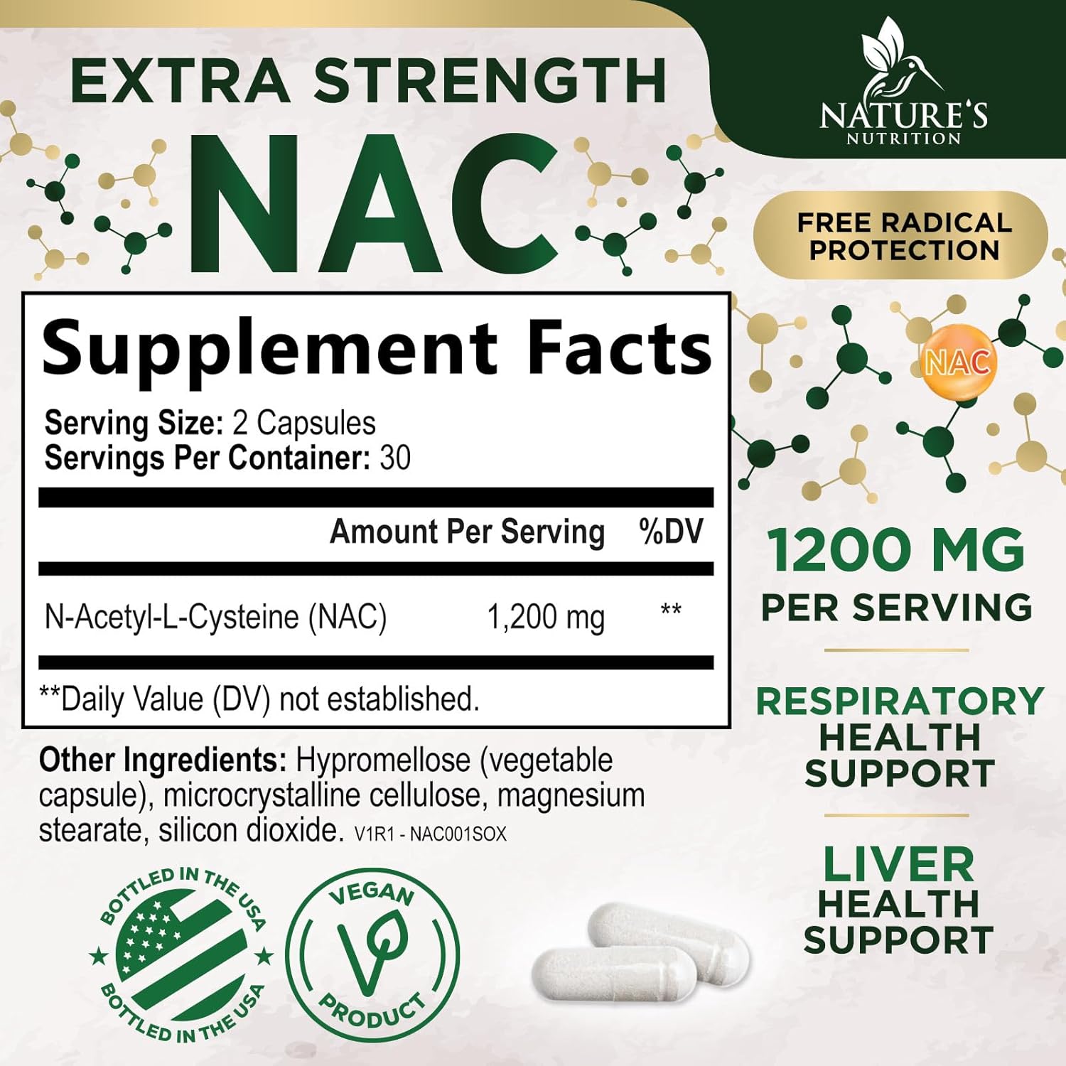 NAC Supplements N-Acetyl L-Cysteine (NAC) 1200 mg - NAC Supplement for Lung Health & Immune Support, Liver Support & Antioxidants, Freefrom N-Acetylcysteine, Gluten Free, Non-GMO, 60 Veggie Capsules - Image 2