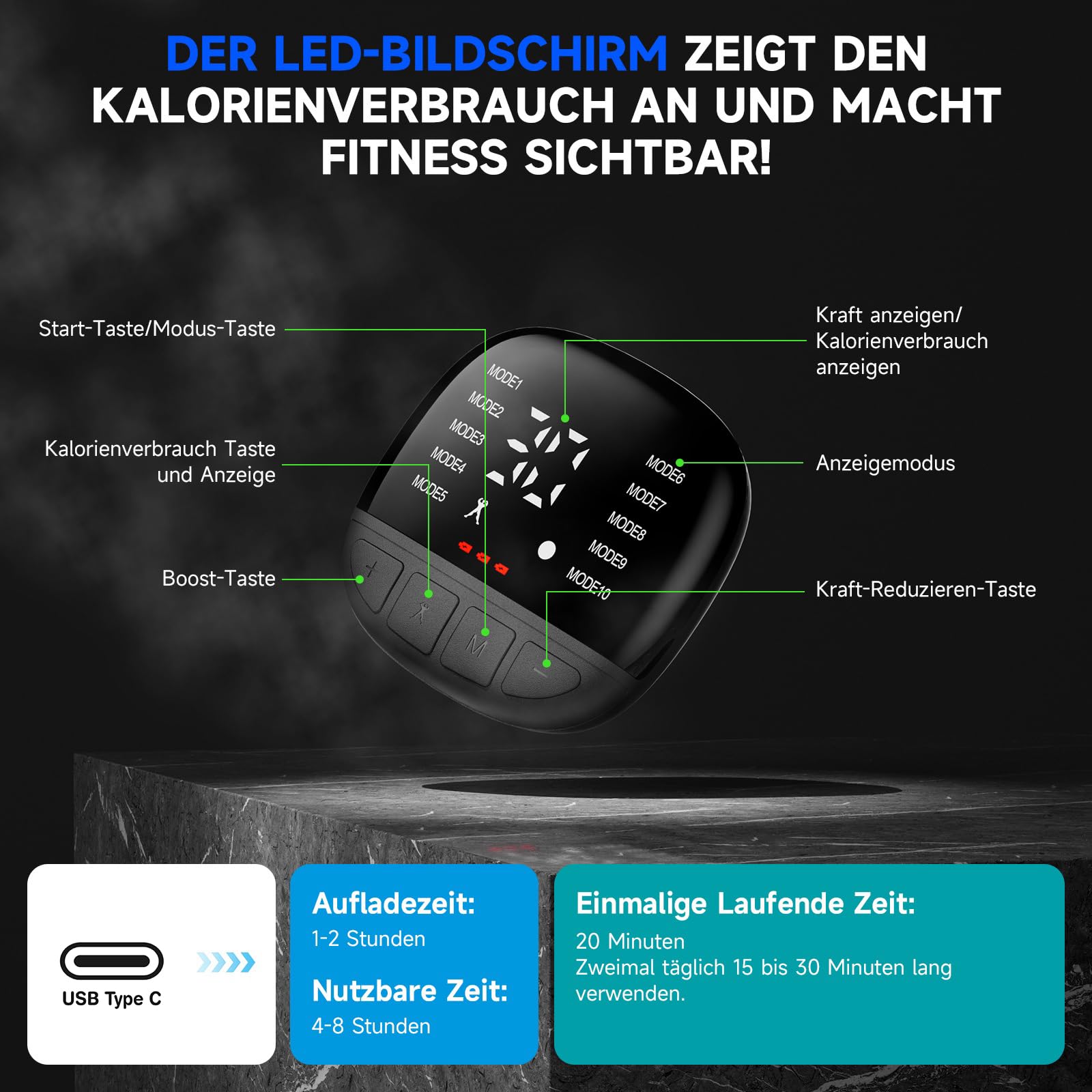 Profey EMS Bauchmuskeltrainer, Bauchmuskeltrainer Elektrisch für Arm Bein, EMS Trainingsgerät mit 10 Modi und 30 Intensitäten, EMS Gerät Bauchtrainer mit Aluminium-Elektroden, Kalorienanzeige