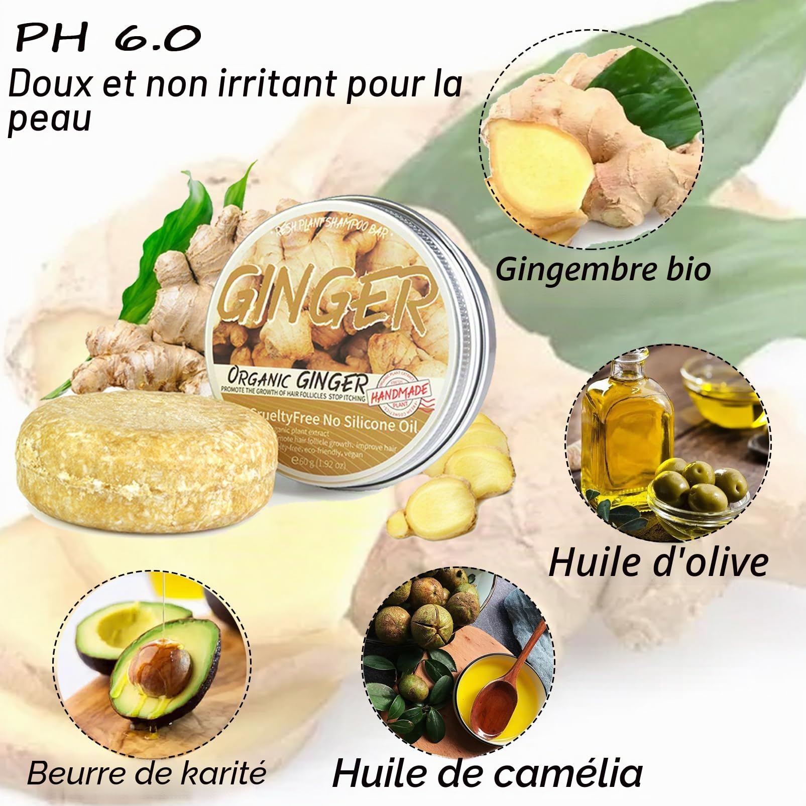 Barre de shampooing au gingembre, anti-chute de cheveux, savon à base de plantes, gingembre naturel bio