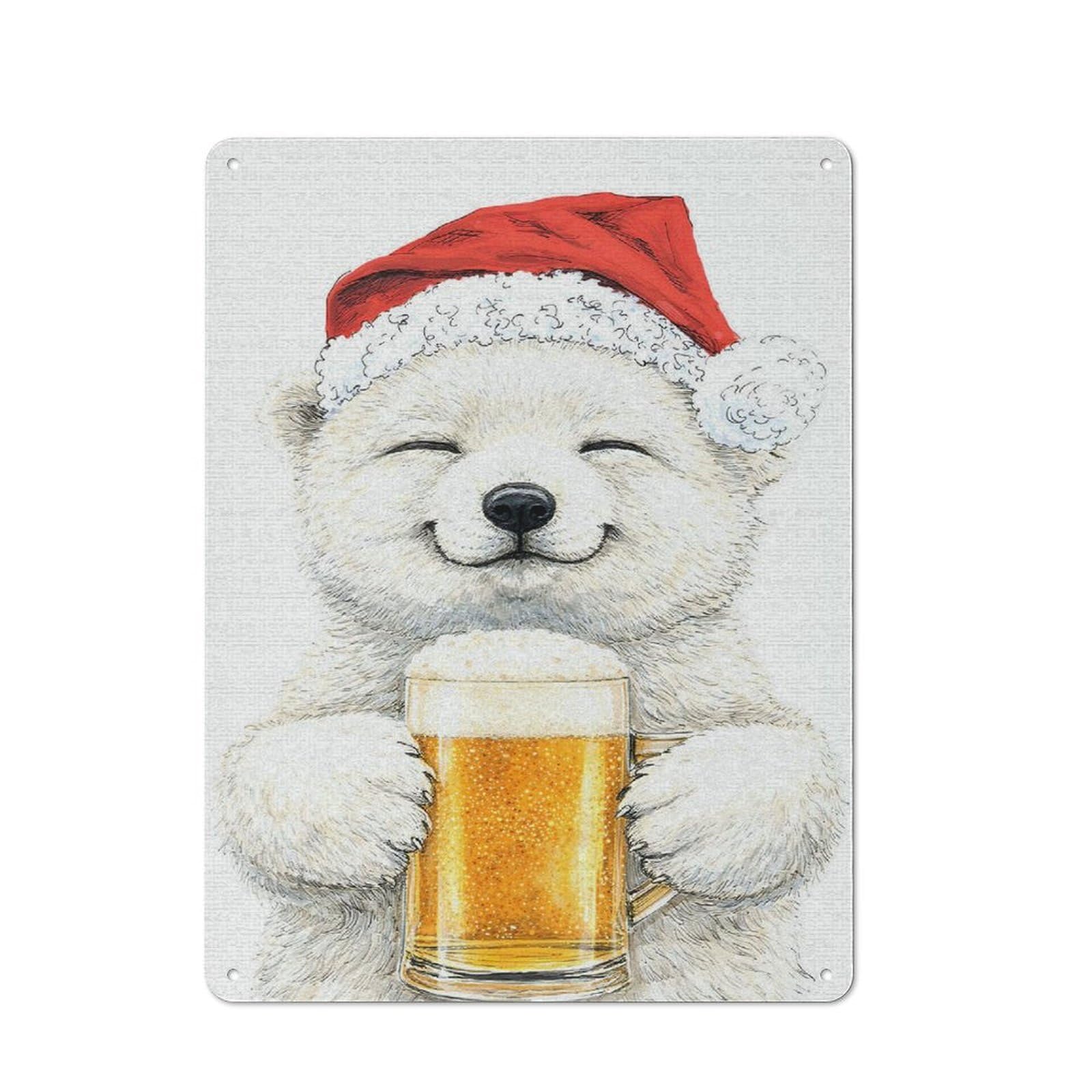 Polar Bear with Santa Hat And Beer Workshop Style Metal Wall Decor 40x30cm, Decorative Metal Plaque for Garage, Workshop, Shed Or Utility Room