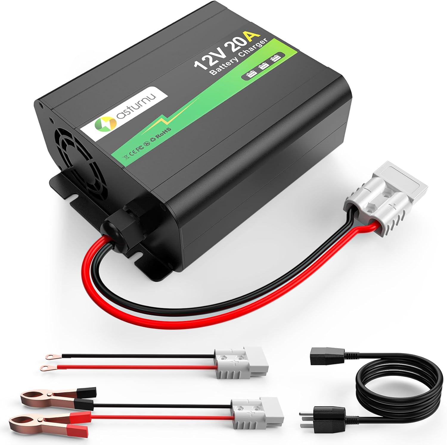 12V 20A Lithium Battery Charger, 14.6V LiFePO4 Battery Charger with Dual Connectors, 0V Activation, Smart Charger for Universal Battery Type of RV, Marine, Solar, Off-Grid, Home