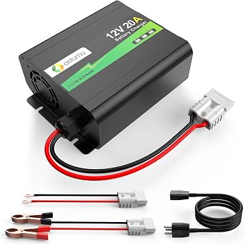 12V 20A Lithium Battery Charger, 14.6V LiFePO4 Battery Charger with Dual Connectors, 0V Activation, Smart Charger for Universal Battery Type of RV, Marine, Solar, Off-Grid, Home