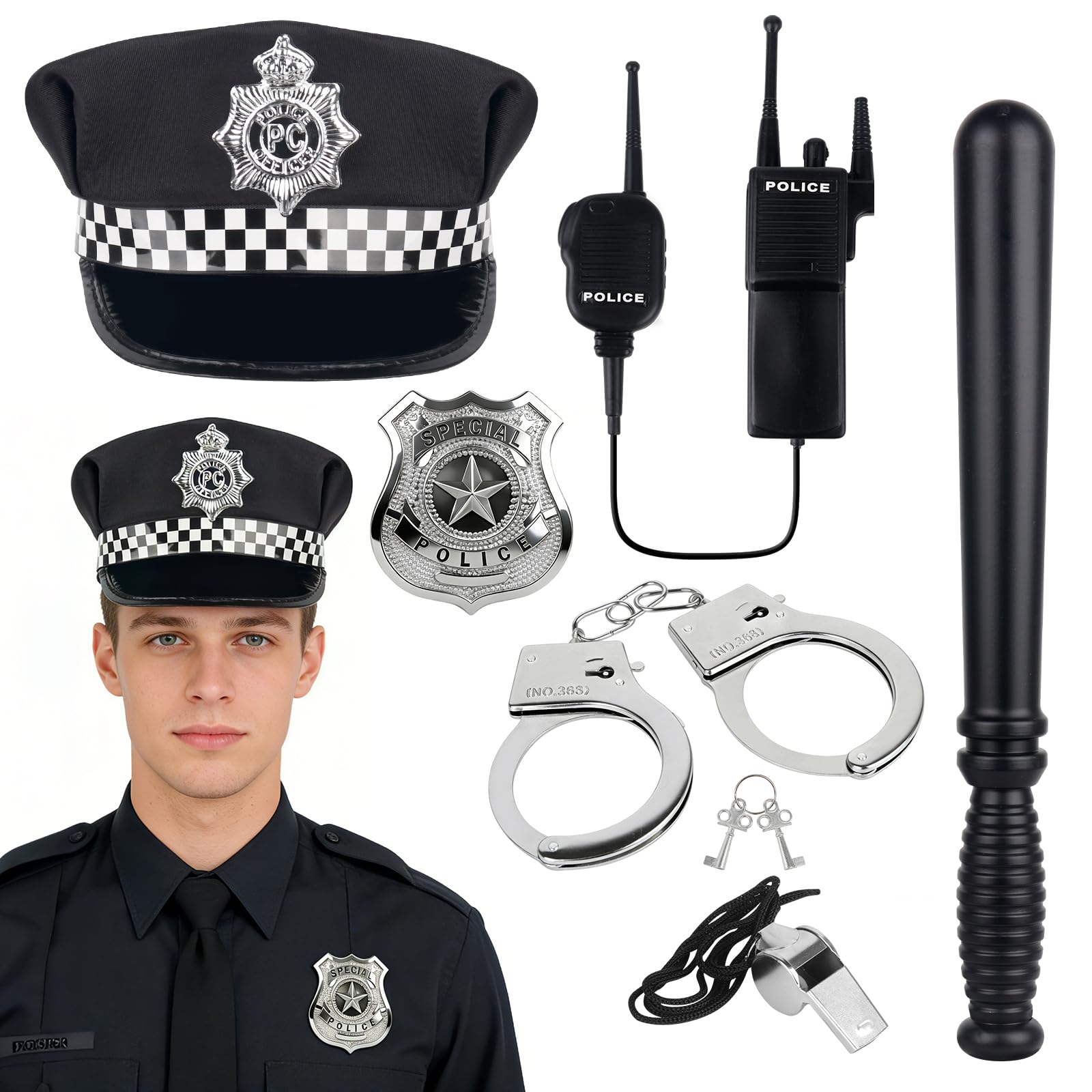 Police Costume Accessories Aldult, 6Pcs Fancy Dress Police Officer Role Play Costume Set with Hat Handcuff, Police Officer Costume Accessories for Men Women Carnival Cosplay Themed Party