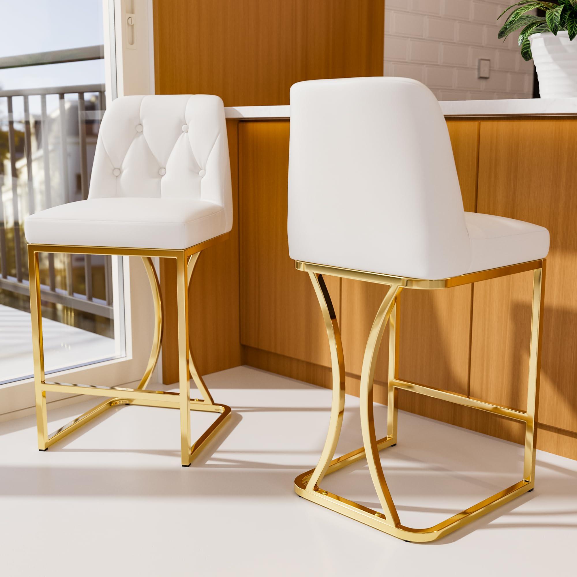Ollega 24" White and Gold Counter Height Bar Stools Set of 2 | 2.6" Thick Seat, Easy-Clean Leather, Quick Assembly, Metal Frame with 330lb Weight