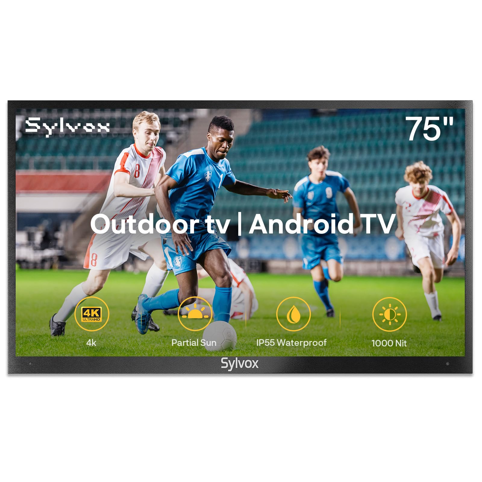 SYLVOX Outdoor TV, 4K UHD 75 Inch Smart TV, IP55 Waterproof 1000 nits Brightness for Partial Sun, Outdoor Television Powered by Android OS, Works with Voice Assistant & Screen Cast (Deck Pro)