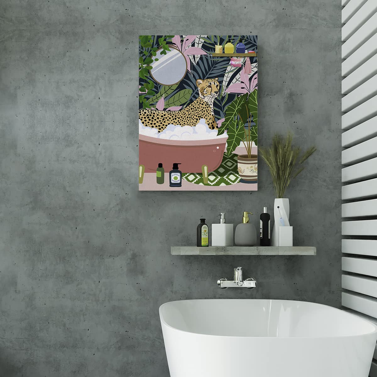 Stampa su tela con leopardo in vasca rosa: decorazione da parete per bagno tropicale - Italia